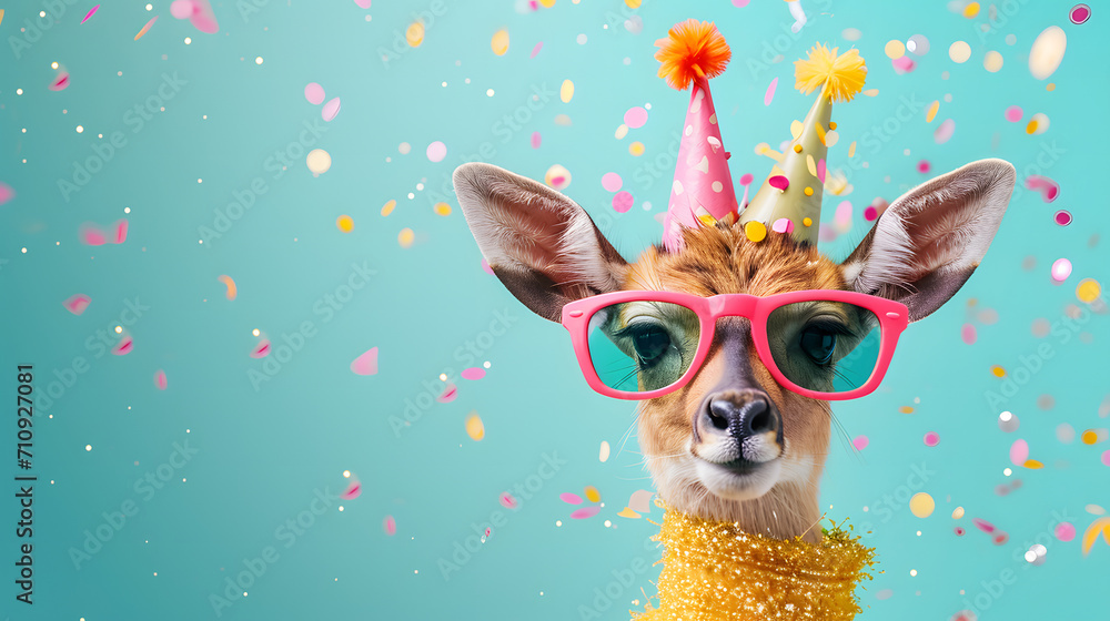 Obraz premium Creative, innovative Animal Design. Giraffe in Chic High-End Fashion, Isolated on a Bright Background for Advertising, with Space for Text. Birthday Party Invitation Banner