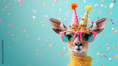Creative, innovative Animal Design. Giraffe in Chic High-End Fashion, Isolated on a Bright Background for Advertising, with Space for Text. Birthday Party Invitation Banner