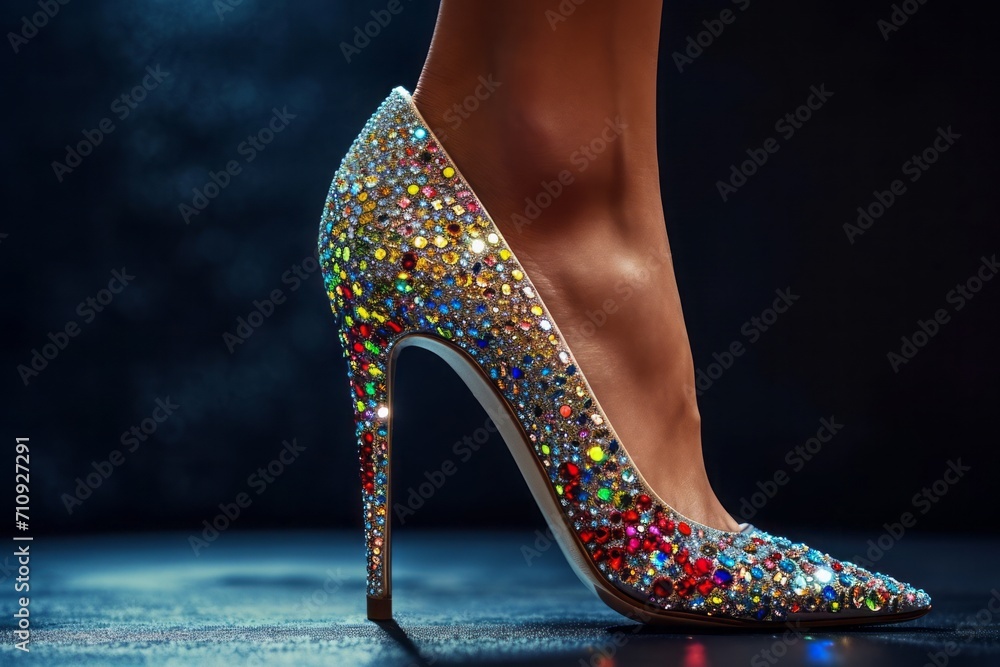 Women's shoe with a thin long stiletto heel decorated with colored precious stones - obrazy, fototapety, plakaty 