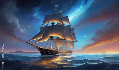 A medieval ship, seventeenth to eighteenth century, sails through the water against a mesmerizing sky backdrop