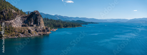 Beautiful aerial view of the Tahoe lake from above in California, USA. Wild forests, fresh air and mountains of California.