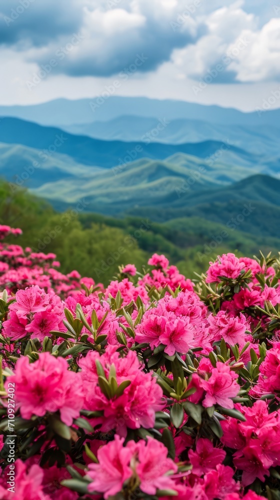 Obraz premium Serene Pink Flowers and Majestic Mountains in a Spacious Field