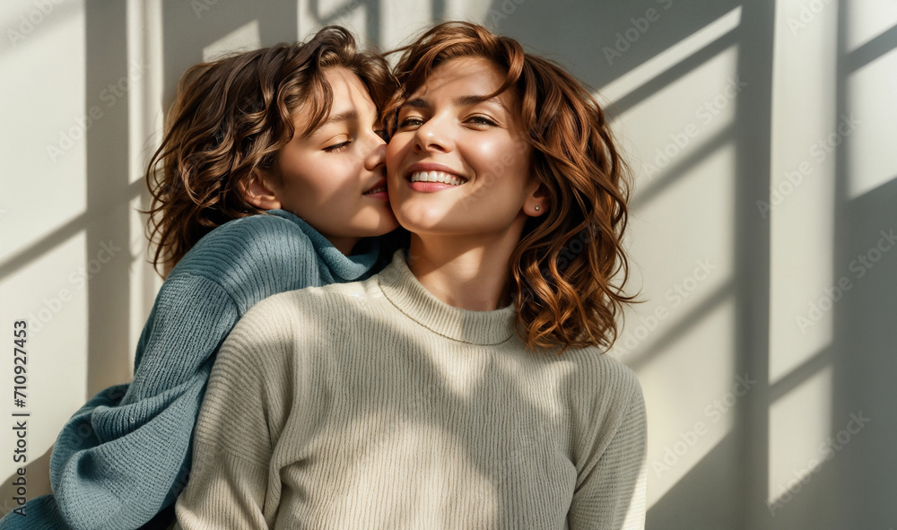 Daughter kissing her mom on cheek, happy to be together, on sunny day in room with shadows Daughter kissing her mom on cheek, happy to be together, on sunny day in room with shadows