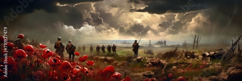 Poppy flowers on a field with soldiers, memorial poppies in memory of fallen soldiers in the war, banner