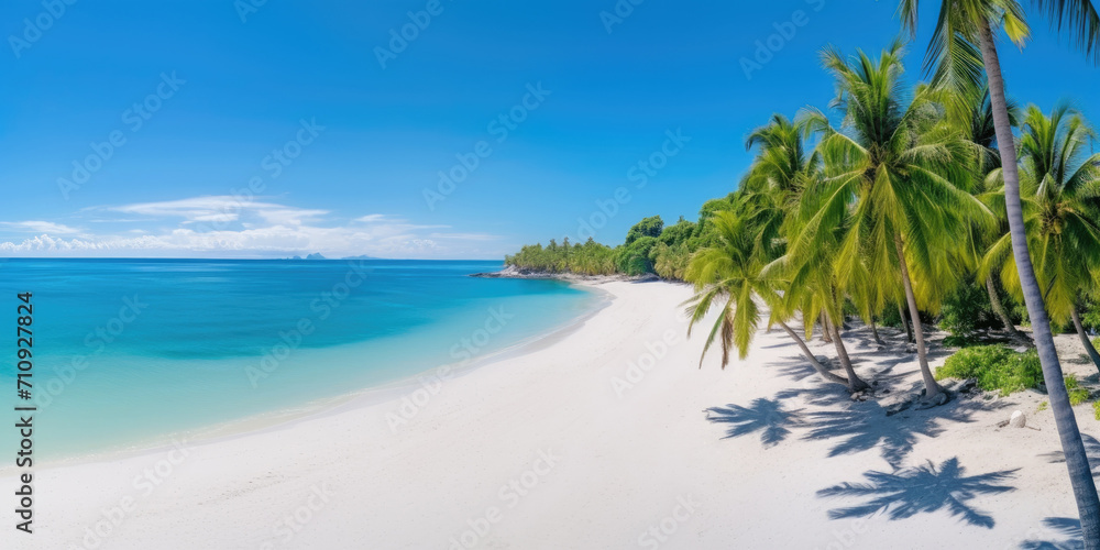 Tropical white sand beach with beautiful seascape on sunny day, drone view