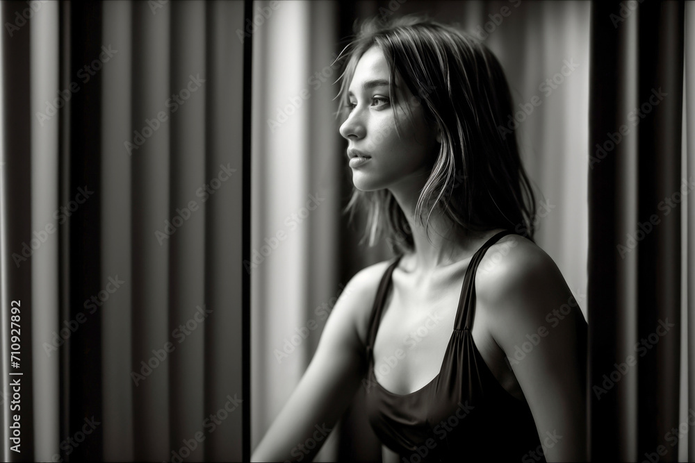 Black and white image, beautiful young woman looking out window Black and white image, beautiful young woman looking out window