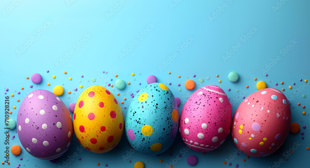 A cheerful and colorful Easter card setup with dotted eggs scattered among candy confetti on a blue canvas. A cheerful and colorful Easter card setup with dotted eggs scattered among candy confetti on a blue canvas.