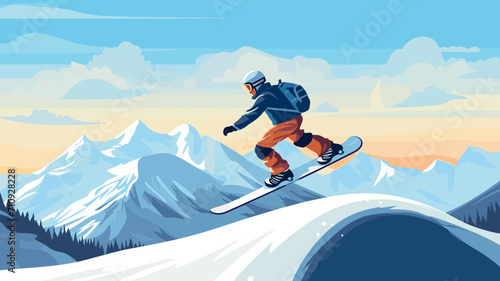 copy space, simple vector illustration, simple colors, Snowboarding, jumping snowboarder in snowy mountains background, Man with snowboard flat style. Winter sport concept. Advertisement for ski vacat