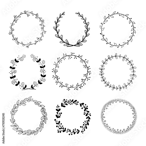 Set of outline hand drawn floral round frames