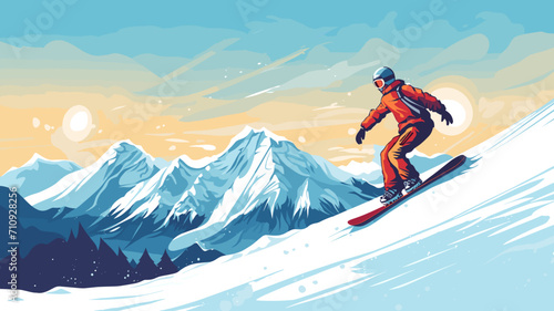 copy space, simple vector illustration, simple colors, Snowboarding, jumping snowboarder in snowy mountains background, Man with snowboard flat style. Winter sport concept. Advertisement for ski vacat