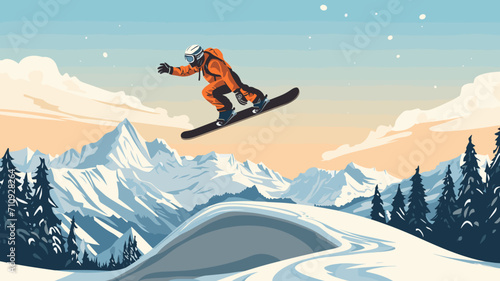 copy space, simple vector illustration, simple colors, Snowboarding, jumping snowboarder in snowy mountains background, Man with snowboard flat style. Winter sport concept. Advertisement for ski vacat
