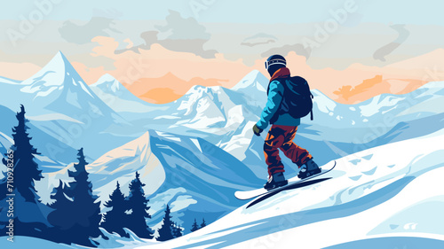 copy space, simple vector illustration, simple colors, Snowboarding, jumping snowboarder in snowy mountains background, Man with snowboard flat style. Winter sport concept. Advertisement for ski vacat