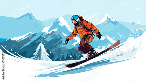 copy space, simple vector illustration, simple colors, Snowboarding, jumping snowboarder in snowy mountains background, Man with snowboard flat style. Winter sport concept. Advertisement for ski vacat