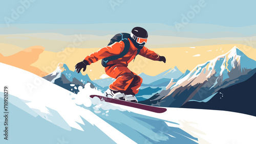 copy space, simple vector illustration, simple colors, Snowboarding, jumping snowboarder in snowy mountains background, Man with snowboard flat style. Winter sport concept. Advertisement for ski vacat