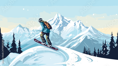 copy space, simple vector illustration, simple colors, Snowboarding, jumping snowboarder in snowy mountains background, Man with snowboard flat style. Winter sport concept. Advertisement for ski vacat