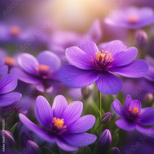 Beautiful summer spring flower border of purple flowers in nature close-up. Colorful floral background