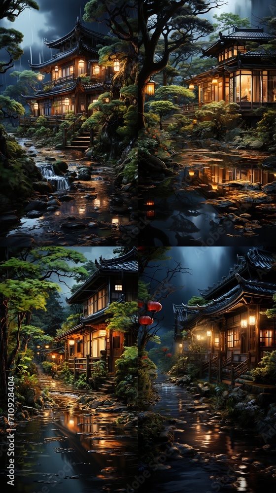 Tranquil Asian Village in the Rain