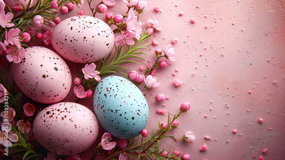 Pastel Easter eggs nestled among spring flowers on a pink surface, a gentle concept for a seasonal greeting card. Copy space Pastel Easter eggs nestled among spring flowers on a pink surface, a gentle concept for a seasonal greeting card. Copy space