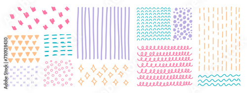 Set of abstract backgrounds and sketch dots textures. Hand drawn doodle bright textures with lines, stars, dots, triangles, and circles. Cute vector illustration. Blue, yellow, and pink colors. 