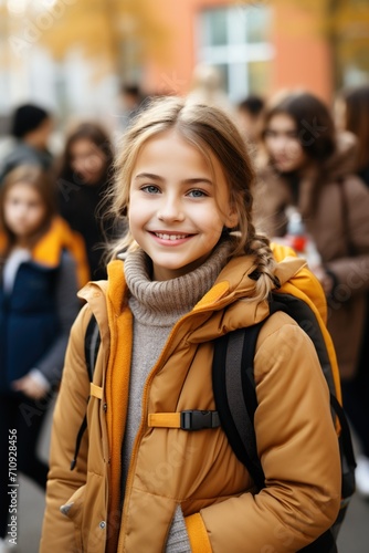 Portrait of a smiling blonde girl in a yellow jacket standing outside