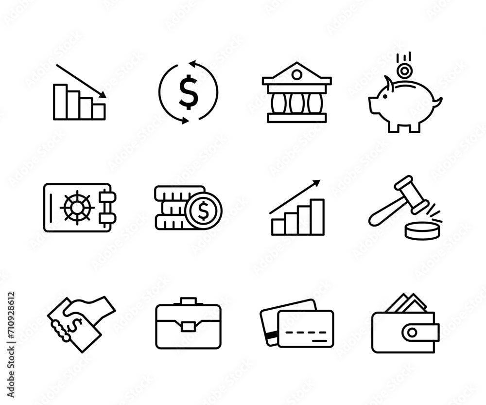 Vector black line icon set financial. Business symbol illustration technology and chart growth. Investment datum design and banking management commerce. Market editable stroke Vector black line icon set financial. Business symbol illustration technology and chart growth. Investment datum design and banking management commerce. Market editable stroke