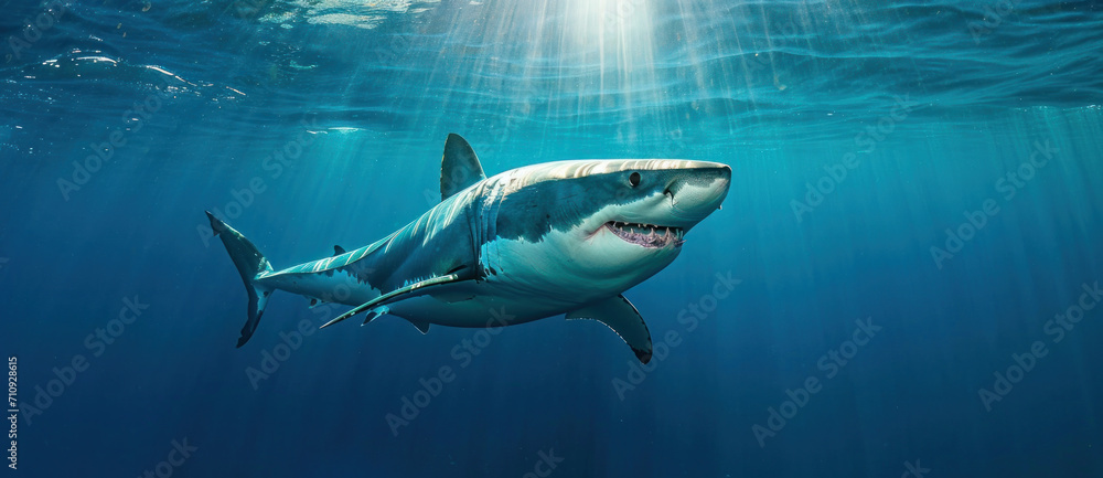 Great white shark swimming in sunlit blue ocean waters