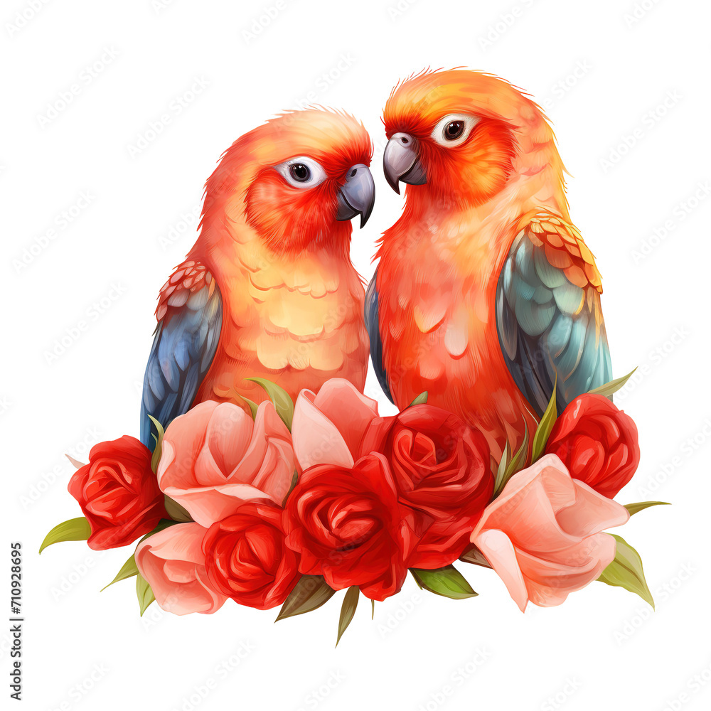 Fototapeta premium Two Birds with Red Roses. AI Generated Image
