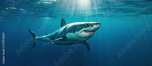 Great white shark swimming in sunlit blue ocean waters