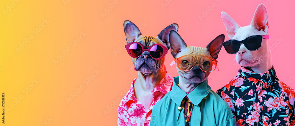 Creative, innovative Animal Design. Dogs in Chic High-End Fashion, Isolated on a Bright Background for Advertising, with Space for Text. Birthday Party Invitation Banner