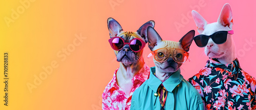 Creative, innovative Animal Design. Dogs in Chic High-End Fashion, Isolated on a Bright Background for Advertising, with Space for Text. Birthday Party Invitation Banner photo