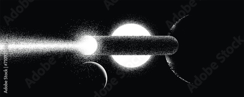 Space ship in space. Futuristic landscape, with noise texture . Rocket launch with starry sky .Vector illustration, screen print texture