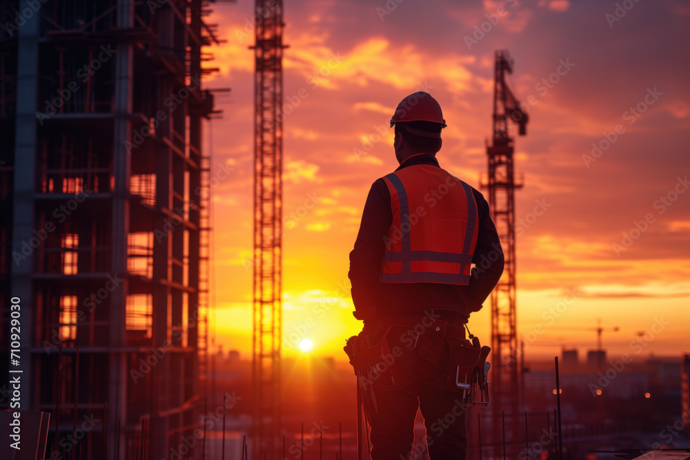 Silhouette of a construction worker at sunrise Silhouette of a construction worker at sunrise