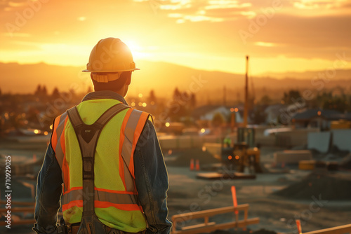Construction worker during golden hour