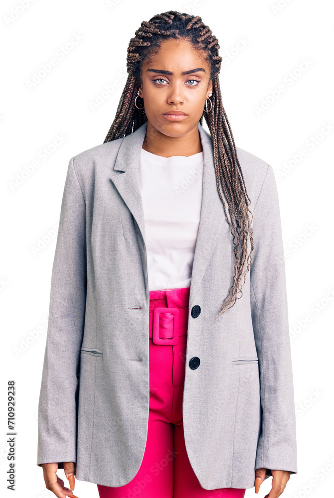 Φωτογραφία Young african american woman with braids wearing business clothes skeptic and nervous, frowning upset because of problem