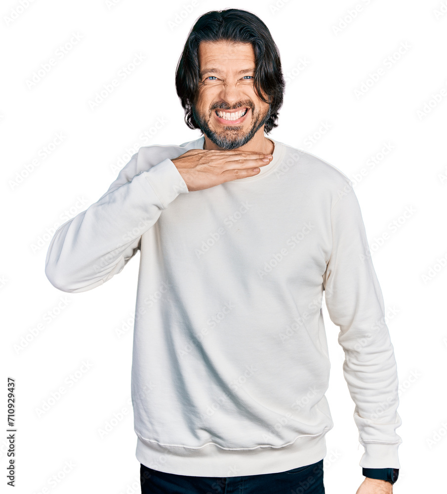Middle age caucasian man wearing casual clothes cutting throat with hand as knife, threaten aggression with furious violence Middle age caucasian man wearing casual clothes cutting throat with hand as knife, threaten aggression with furious violence