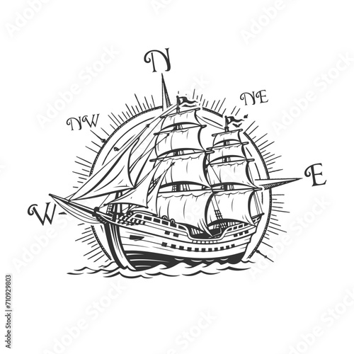 Pirate Boat Illustration Clip Art Design Shape. Nautical Compass Silhouette Icon Vector.