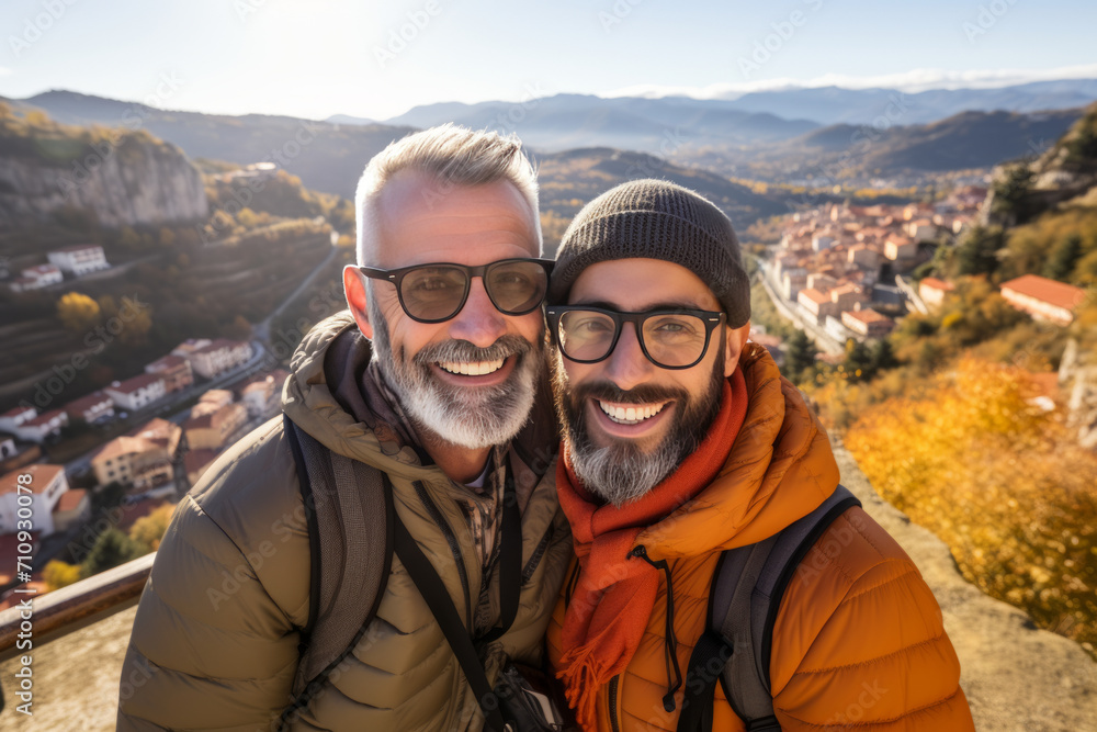 Two Men Taking a Selfie in the Mountains