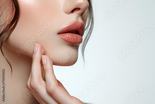 Beautiful model woman posing on white studio background, close up shot photo