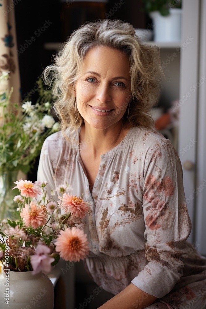 Portrait of a smiling middle-aged woman with flowers Portrait of a smiling middle-aged woman with flowers