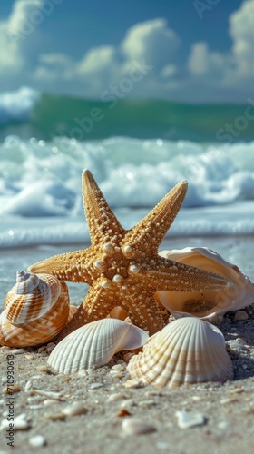 Starfish and Seashells on Beach, Natural Beauty of Marine Life