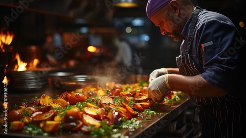 Chef preparing a delicious meal in a commercial kitchen