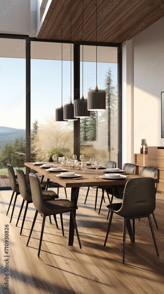 Fototapeta premium Modern dining room with a large wooden table and black leather chairs