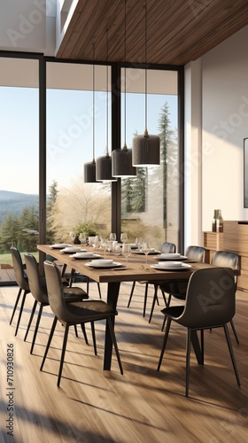 Modern dining room with a large wooden table and black leather chairs