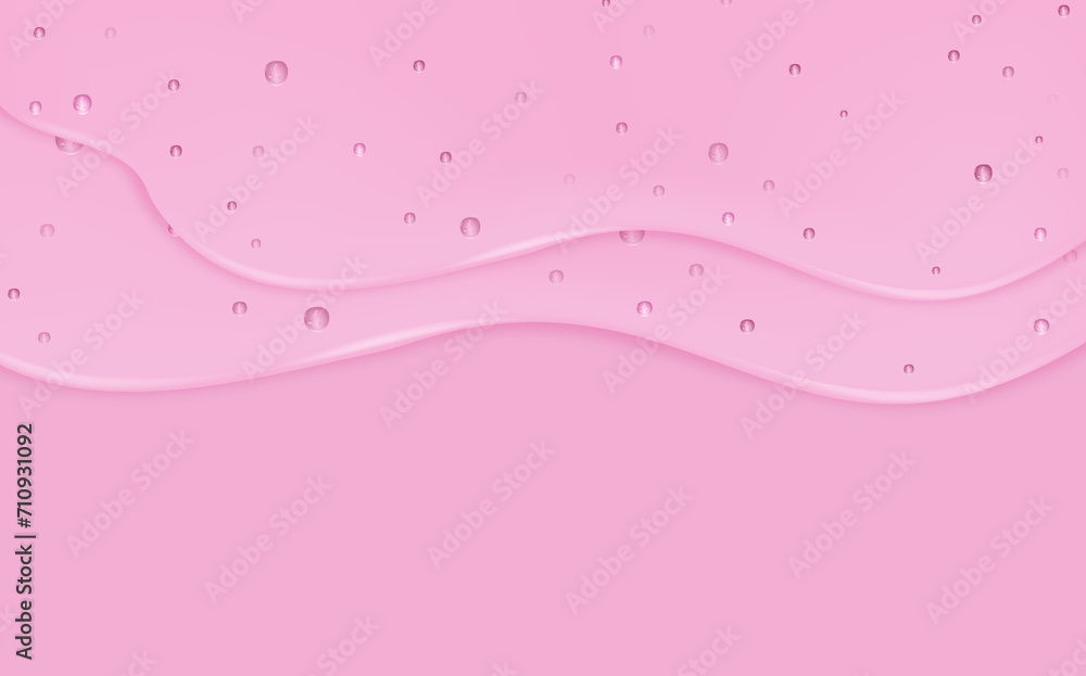 Liquid pink wet drops of gel or collagen.Spilled puddles of cosmetic serum or water. Round clean swatch of essence lotion or jelly for skin care.Beauty background with oil drops.