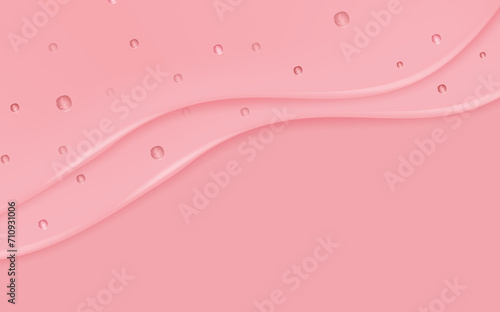 Liquid pink wet drops of gel or collagen.Spilled puddles of cosmetic serum or water. Round clean swatch of essence lotion or jelly for skin care.Beauty background with oil drops. photo