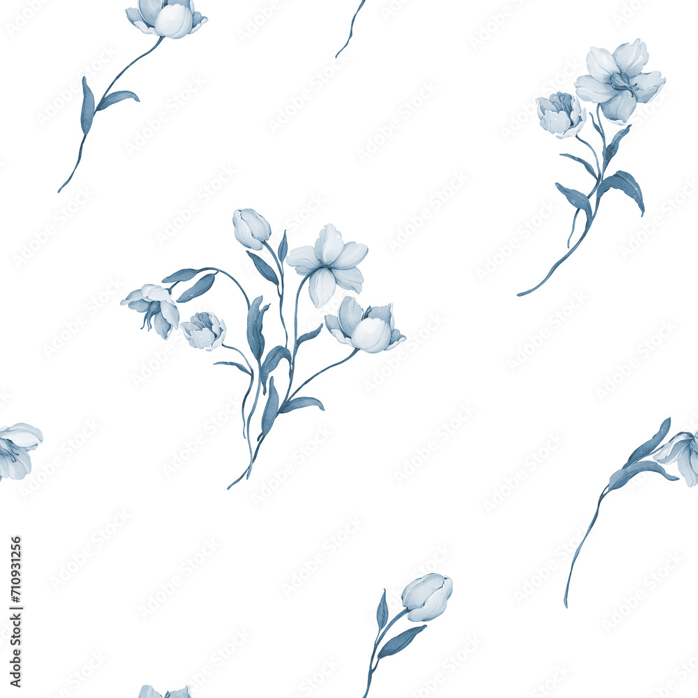 Fototapeta premium Seamless pattern with bouquets of wild flowers in indigo tones