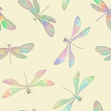 colorful dragonflies hand drawn in watercolor, seamless pattern for wallpaper design
