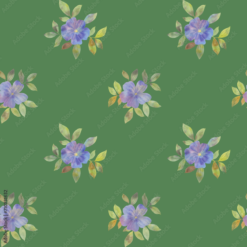 digitally painted watercolor flowers, botanical seamless pattern for design, green background