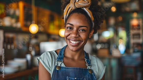 Portrait of a young cashier or saleswoman working in a coffee shop 