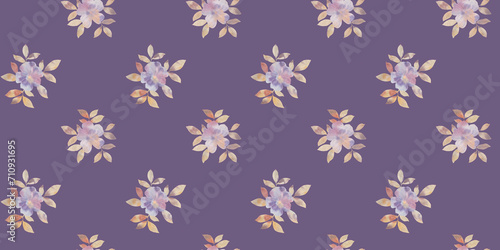 abstract flowers drawn in watercolor digitally, botanical seamless pattern for design, purple background